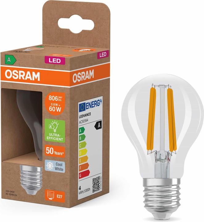 Produktbild Osram LED Lampe höchste Effizienzklasse A Filament CLASSIC 3.8W 840 klar E27 806lm 4000K neutralweis (E27, 3.80 W, 806 lm, 1 x, A)