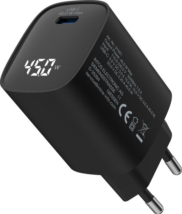 Produktbild InLine USB PD Netzteil, GaN Ladegerät, 1-Port, USB-C, 45W, mit Display, schwarz (45 W)