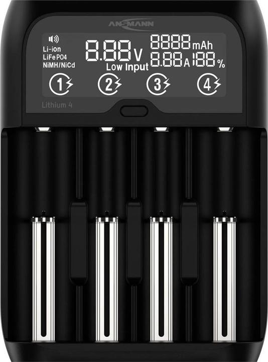 Produktbild Ansmann Lithium 4 Universalladegerät mit 2x 18650 Akkuzellen (2600mAh) Ladegerät (1 Stk., 14500, 16340, 17670, 18500, 18650, 22650, 26650, 2600 mAh, Ladegerät inkl. Akku)