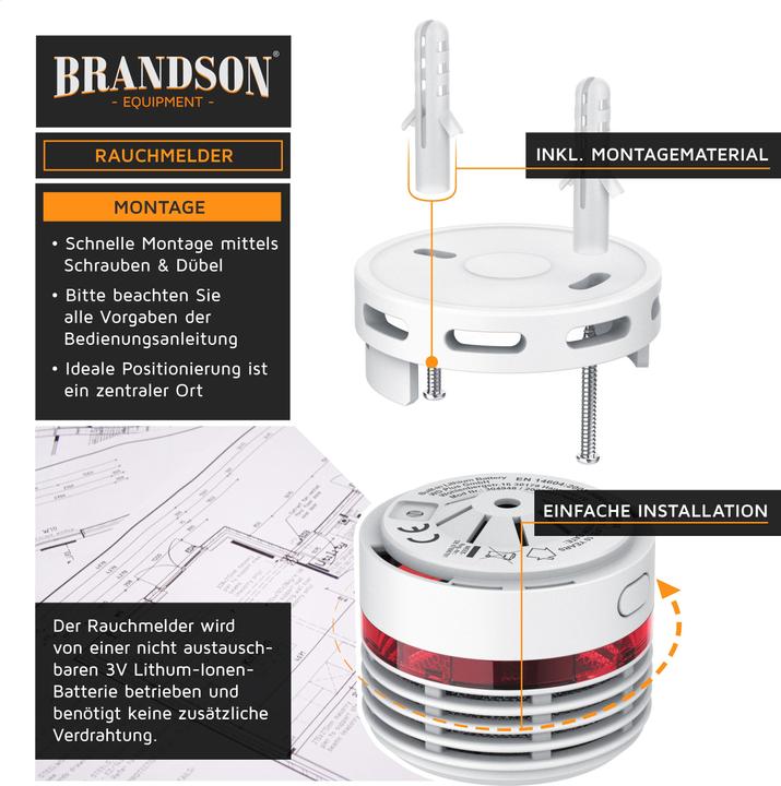 Image du produit Brandson Détecteur de fumée, 10 ans de batterie Li-Ion, volume 85dB, LED, bouton test, EN14604 & TÜV Certifié