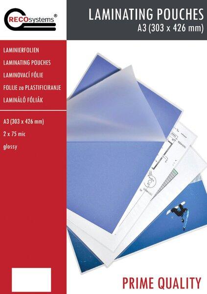 Immagine prodotto RECOsystems Laminierfolien, 303 mm x 426 mm, DIN A3, Stärke 2 x 75 Micron, glänzend (A3, 100 Pezzo/i, 75 µm)