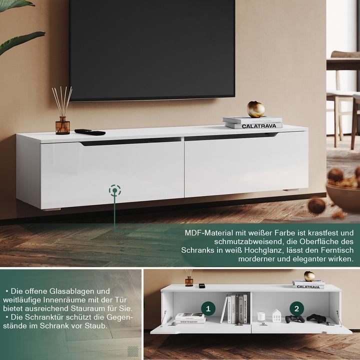 Actual product image SONNI Low-Profile-TV-Schrank, Weiss Hochglanz hängend 160 x 35 x 30 cm, TV-Schrank mit LED-Beleuchtun (160 x 35 x 30 cm)