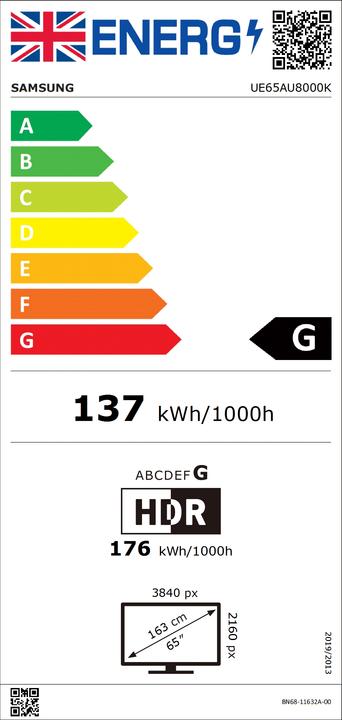 Energy Label Samsung Series 8 UE65AU8000KXXU tv 165.1 cm 4K Ultra HD Smart TV Wifi Zwart (65", LED, 4K)