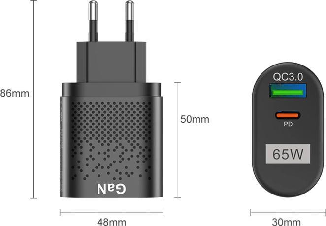 Produktbild Hermex GaN 2-Port Fast Charger USB-C + USB-A Ladegerät Schnellladeadapter (65 W)