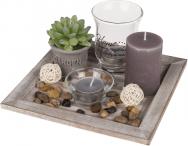 Immagine prodotto G. Wurm Set di luci a vento, piatto in legno, 20x20cm, 2 lanterne in vetro, 2xlampade, 2xcandele, pietre (2 x)
