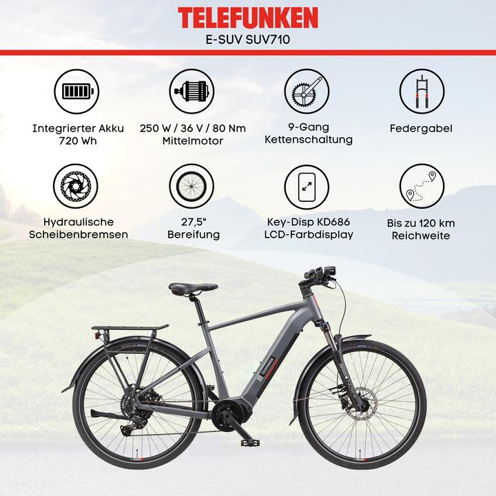 Produktbild Telefunken SUV E-Bike Herren SUV710 27,5 Zoll Mittelmotor 9-Gang Kettenschaltung (50 cm)