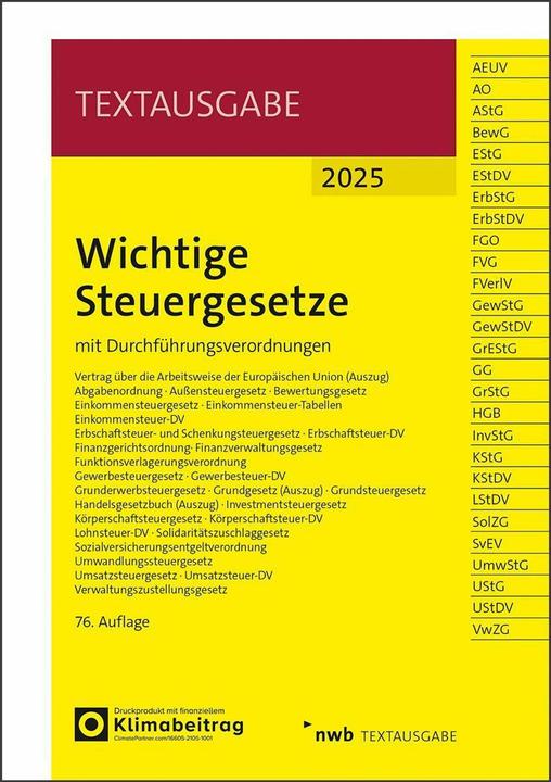 Nährwerte und Zutaten Wichtige Steuergesetze (Deutsch, Nwb Gesetzesredaktion, 2025)