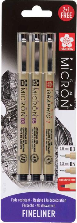 Image du produit Sakura Pigma Micron Set Noir 01, 05 & Crayon graphique gratuit (Noir, 3 x)