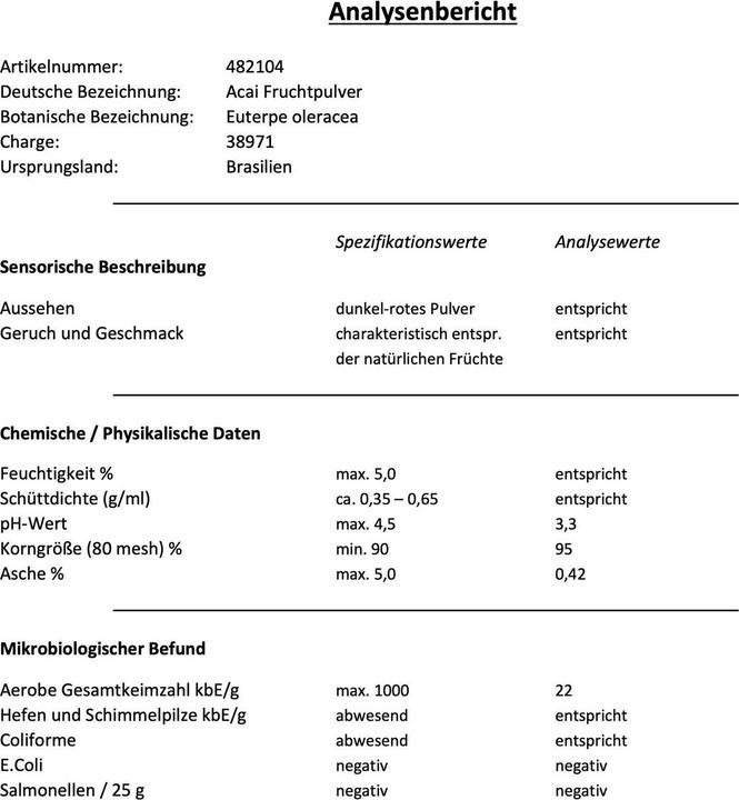 Nährwerte und Zutaten Zimmerli Adaptogene Acai Pulver (1 Stück, Pulver, 100 g)