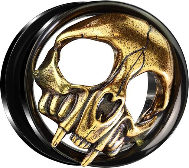 Star Piercing Flesh Tunnel schwarz mit goldenem Totenkopf (ohne Messing, Chirurgenstahl 316L)