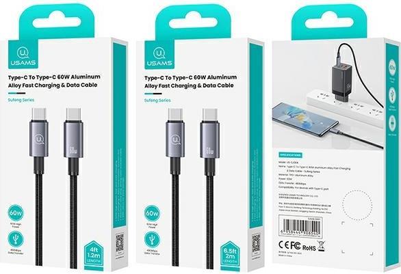 Actual product image Usams Cable USB-C na USB-C 60W 1,2m Fast Charging stalowy/tarnish SJ661USB01 (US-SJ661) (1.20 m, USB 3.2 Gen 1, 60 W)