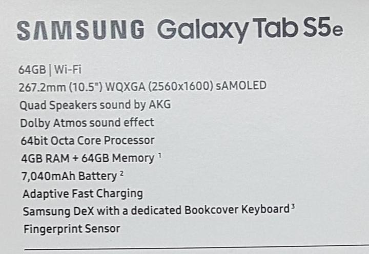 Image du produit Samsung Galaxy Tab S5e (WLAN uniquement, 10.50", 64 Go, Noir)