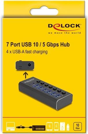 Productafbeelding Delock 7 Port USB Hub mit 3 Ports 10 Gbps und 4 Schnellladep (USB-C, 7 Havens)