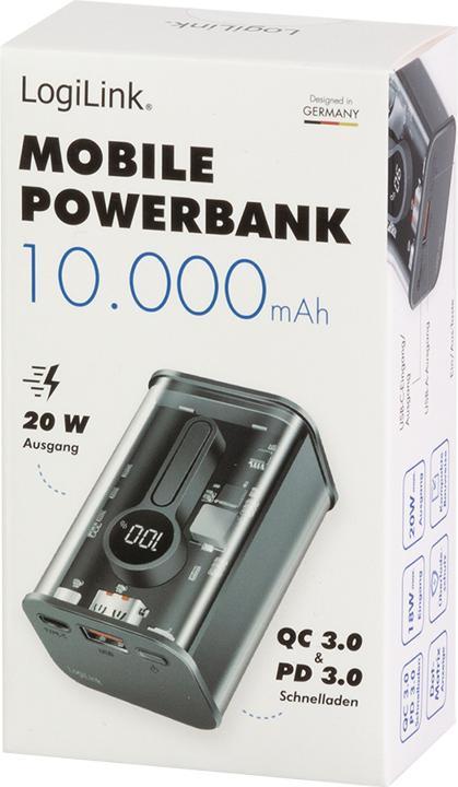 Produktbild LogiLink Powerbank 10000 mAh, 1x USB-A, 1x USB-C, mit Display, PD & QC, transp. (10000 mAh, 20 W, 37 Wh)