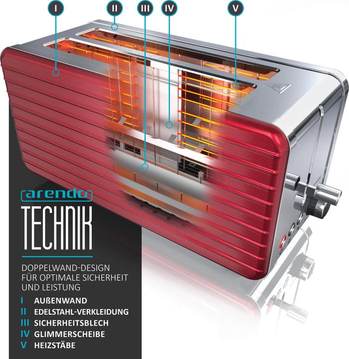 Image du produit Arendo Grille-pain à fente longue pour 4 tranches, 1500 W, acier inoxydable, chauffe brioche, DESAYUNO (Prise UE)
