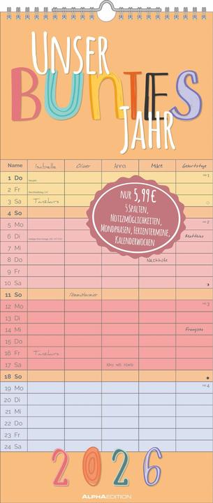 Produktbild UnserbuntesJahr2026Familienplaner-Terminkalender-Familienkalender-19,5 (Harter Einband, Deutsch)