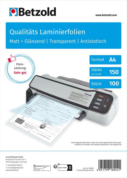 Produktbild Betzold Laminierfolien A4, matt + glänzend 150 mic, 100 St. (A4, 100 Stück, 75 µm)