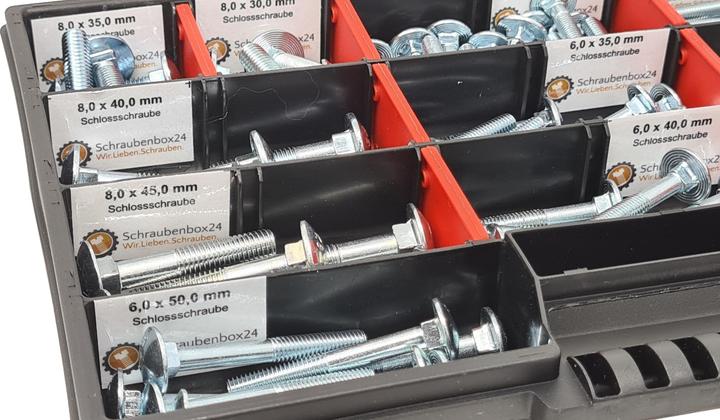 Produktbild Schraubenbox24 Flachkopfschrauben Sortiment M5-M6-M8 // 30mm-60mm 115 tlg. Schraubenbox DIN 603 (115 Schrauben pro Stück)