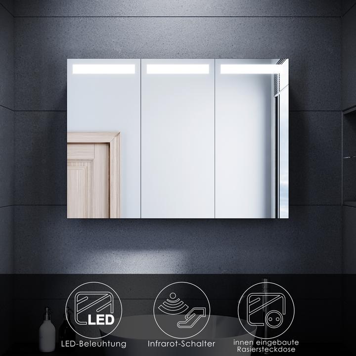 SONNI LED-beleuchteter Spiegelschrank, 90 x 65 cm, 3 Türen Edelstahl, Badezimmerspiegelschrank mit S