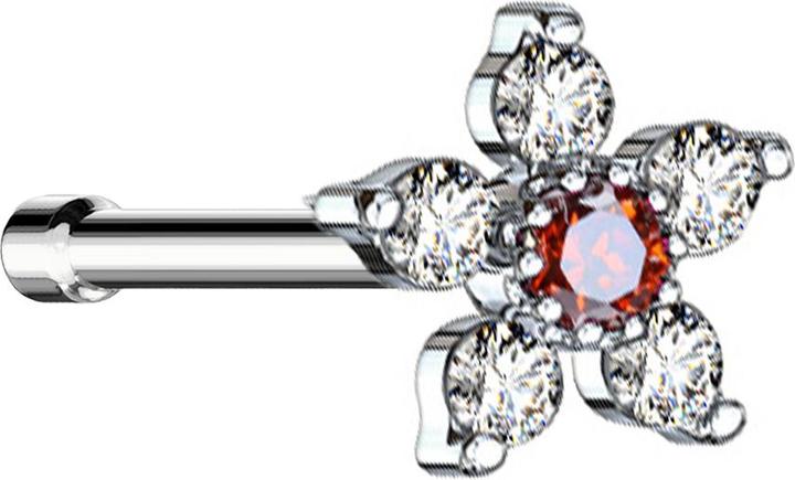 Star Piercing Nasenstecker gerade silber Blume mit Kristall rot und silber (Chirurgenstahl 316L, Messing)
