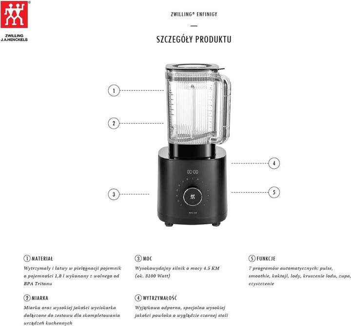 Image du produit Zwilling Enfinigy noir Mélangeur pour stand haute puissance,PRO 1.8l- Prise CH (Prise UE, 1200 W)