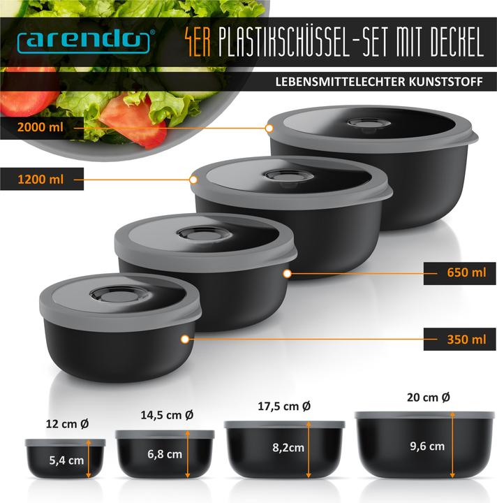 Produktbild Arendo Rührschüssel 4er Plastikschüssel-Set mit Deckel 0,35 L / 0,65 L / 1,2 L / 2,0 L, Kunststoff, rund (20 cm, 2 l, 4 x)