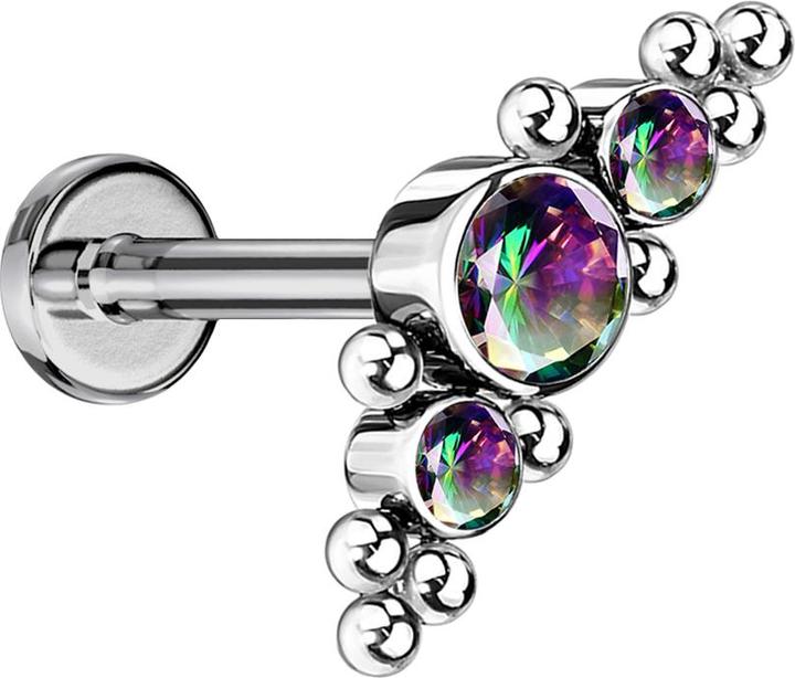 Produktbild Star Piercing Micro Threadless Labret silber mittig mit Kugeln und drei Kristalle dunkel multicolor (Titan G23, ohne Messing)