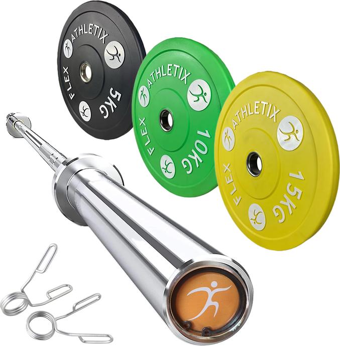 Produktbild FlexAthletix Bumper Plates Set & Langhantel (2 x 5 kg, 2 x 10 kg, 2 x 15 kg)