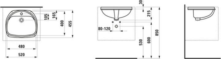 Actual product image Laufen Bijou built-in washbasin, from below, with tap ledge, 1 tap hole, with overflow, 520x455mm, H (455 mm, 520 mm)