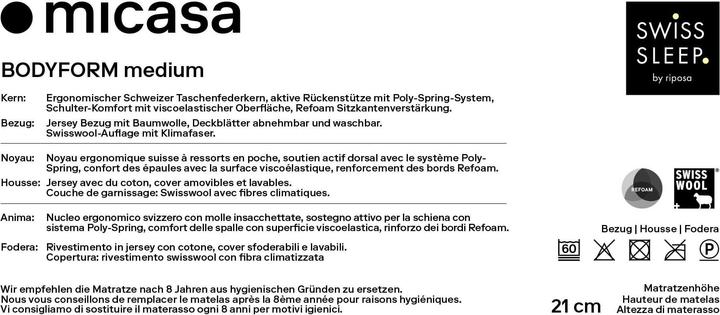 Nährwerte und Zutaten SwissSleep by riposa Bodyform (90 x 200 cm, Federkern)
