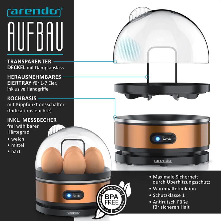 Produktbild Arendo Frühstücks Set Edelstahl Wasserkocher 1,5l mit Temperatureinstellung & Eierkocher für 7 Eier, Kupfer