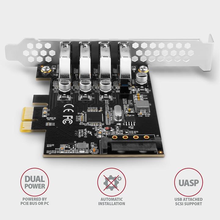 Actual product image Axagon PCEU-43RS PCIe Adapter 4x USB3.0 UASP VIA, 15-pin SATA Power Supply