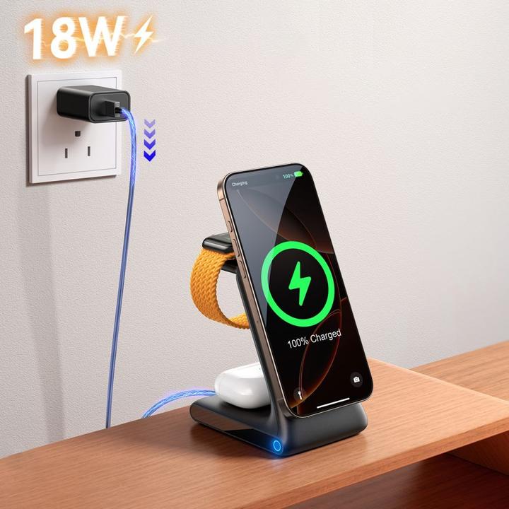 Actual product image Joyroom JR-W15 Wireless Charger 3 in 1 Charging Station with MagSafe - Black (15 W)