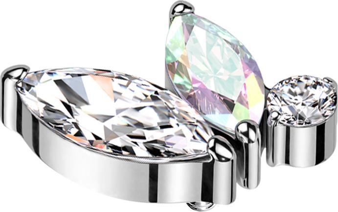 Star Piercing Dermal Anchor silber zwei Ovale Kristalle silber und multicolor ein runder Kristall silber (ohne Messing, Titan G23)