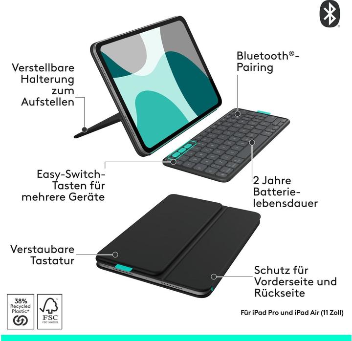 Produktbild Logitech Flip Folio (CH, iPad Air 2022 (5. Gen), iPad Air 11 2024 (M2), iPad Pro 11 2024 (M4), iPad Air 11 2025)