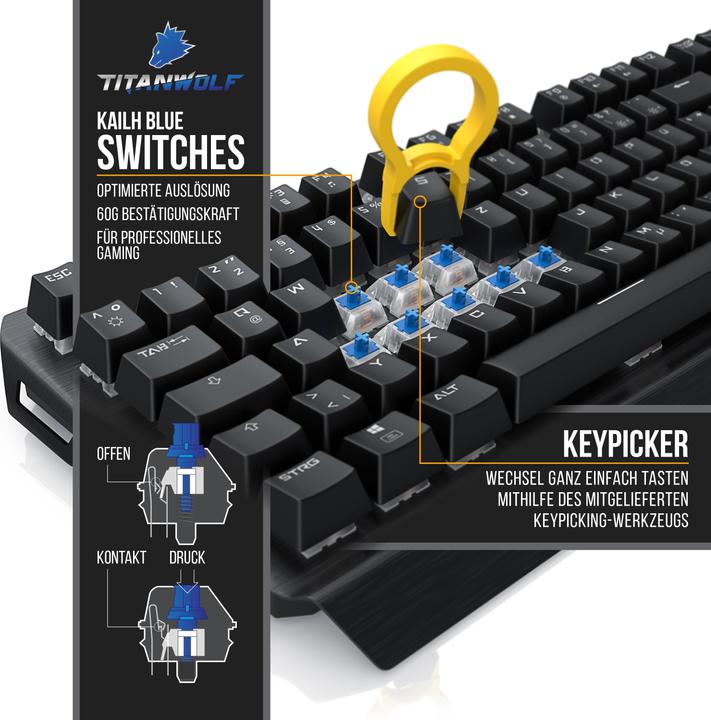 Produktbild Titanwolf Gaming Tastatur, mechanisches Keyboard, Anti-Ghosting, Kailh Blue, LED-Beleuchtung (DE, Kabelgebunden)