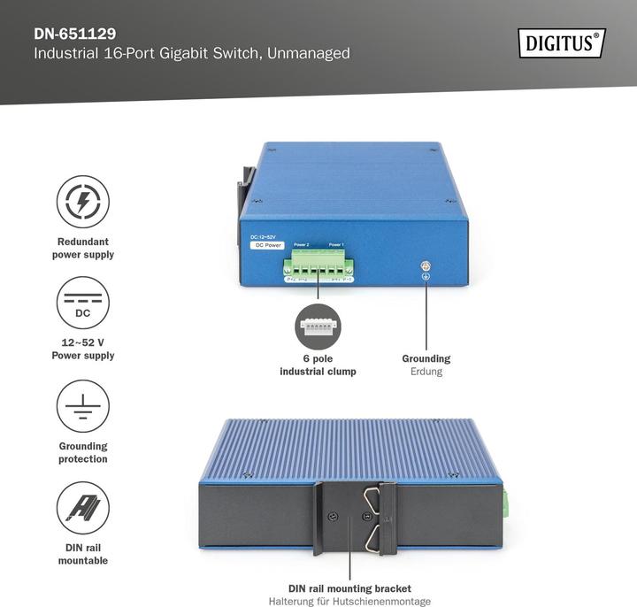 Produktbild Digitus Industrial 16-Port Gigabit Switch, Unmanaged (16 Ports)