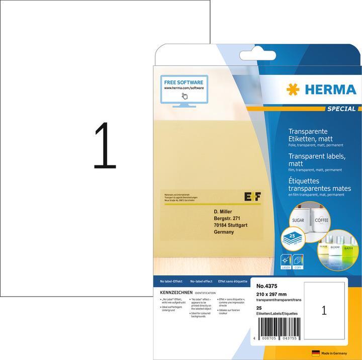 Produktbild HERMA Transparente Adressetiketten A4