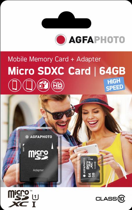 Produktbild AGFAPHOTO MicroSDXC UHS-I 64GB High Speed Class 10 U1 + Adapter (64 GB, microSDXC, U1, UHS-I)