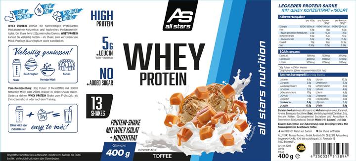 Nährwerte und Zutaten All-Stars 100% Whey Protein 400g (Toffee, 1 Stk., 400 g)
