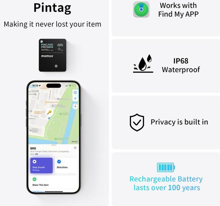 Produktbild Momax PinCard Pro Mini Rechargeable Find My Tracker