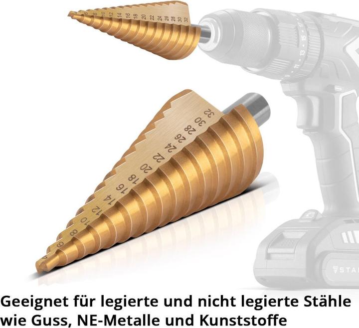 Actual product image Stahlwerk HSS step drill bit set of 3 TiN-coated drill bits with aluminium box (4-12mm, 4-20mm, Ø 4-32mm)