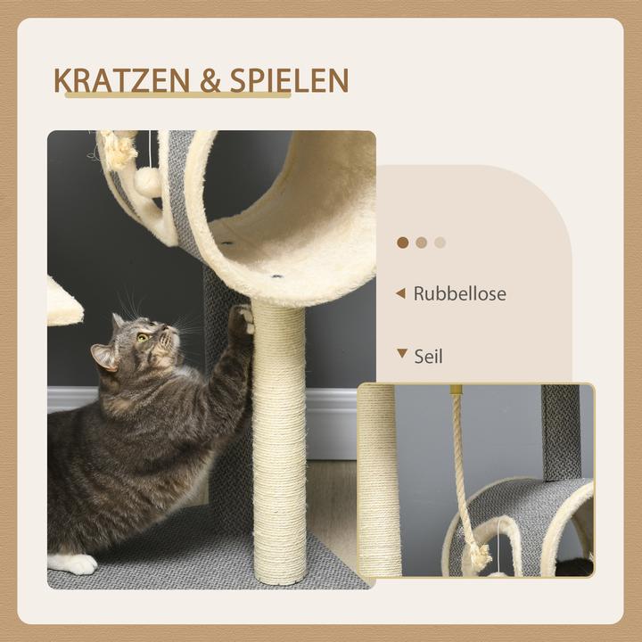 Actual product image PawHut Scratching post with cat bowl and play ball (104 cm, Beige, Cream, Cream white, Grey)