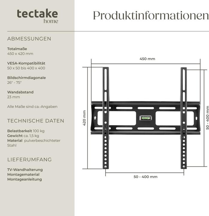 Actual product image tectake TV wall mount (Wall, 55", 90 kg)