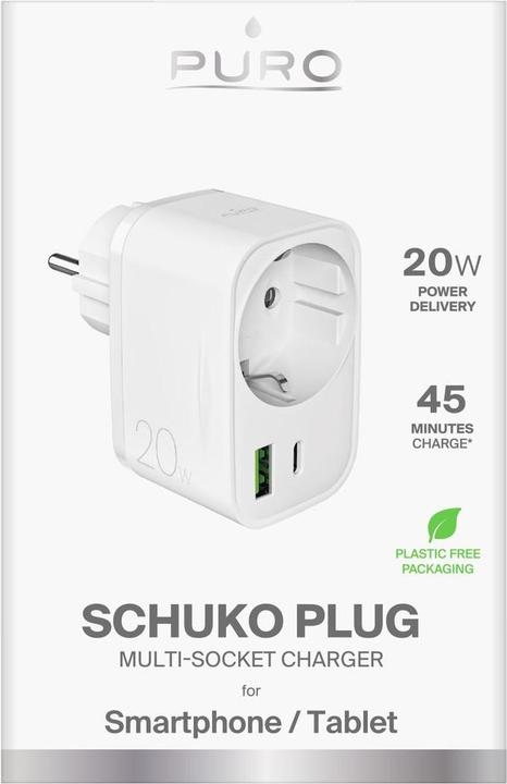 Produktbild Puro 20W Power Delivery Ladegerät mit Schuko Stecker und Buchse 1x USB-C + 1x USB-A - Weiss (20 W)
