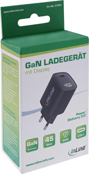 Produktbild InLine USB PD Netzteil, GaN Ladegerät, 1-Port, USB-C, 45W, mit Display, schwarz (45 W)