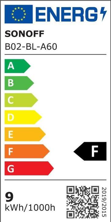 Energy Label Sonoff Smart LED Wifi bulb B02-BL-A60 (E27, 9 W, 806 lm, 1 x, F)