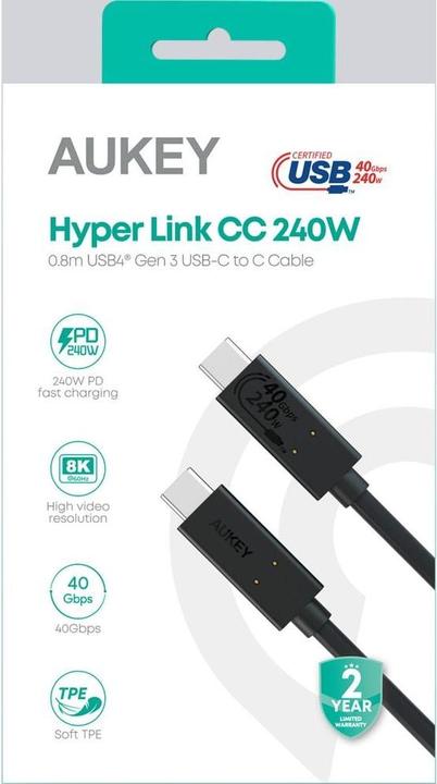 Actual product image Aukey USB C — USB C (0.80 m, USB 4.0, 240 W)