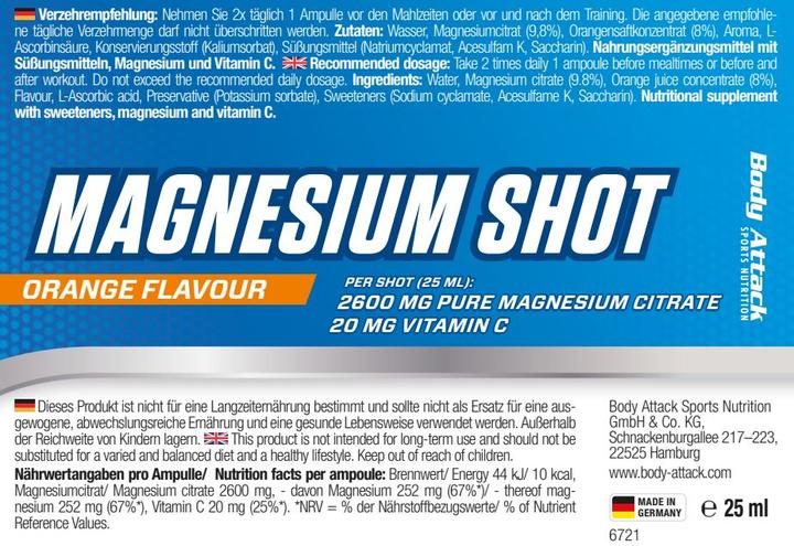 Nährwerte und Zutaten Body Attack Magnesium Shots 500ml (20 Shots) (Orange, 20 x)