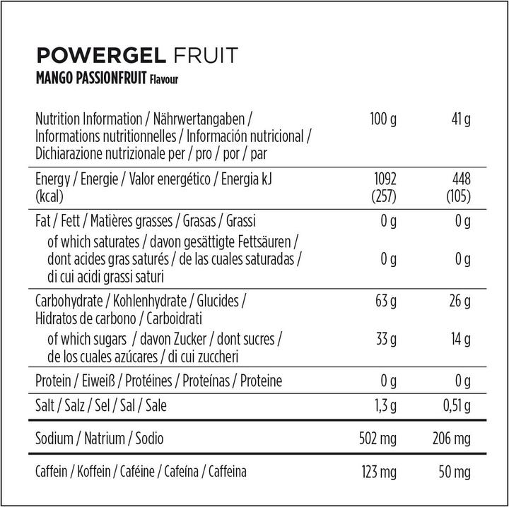 Nährwerte und Zutaten Powerbar PowerGel Multiflavour Box (Zitrone, Limette, Himbeer, Granatapfel, Grüner Apfel, Mango, Koffein, Maracuja, 12 Stk., 492 g)